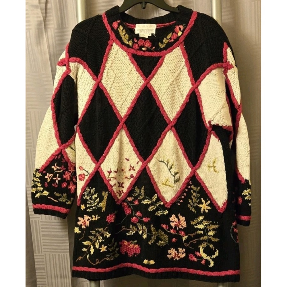 Vintage Jennifer Reed Sweater Womens Medium Floral Needlepoint Hand Knit 90s